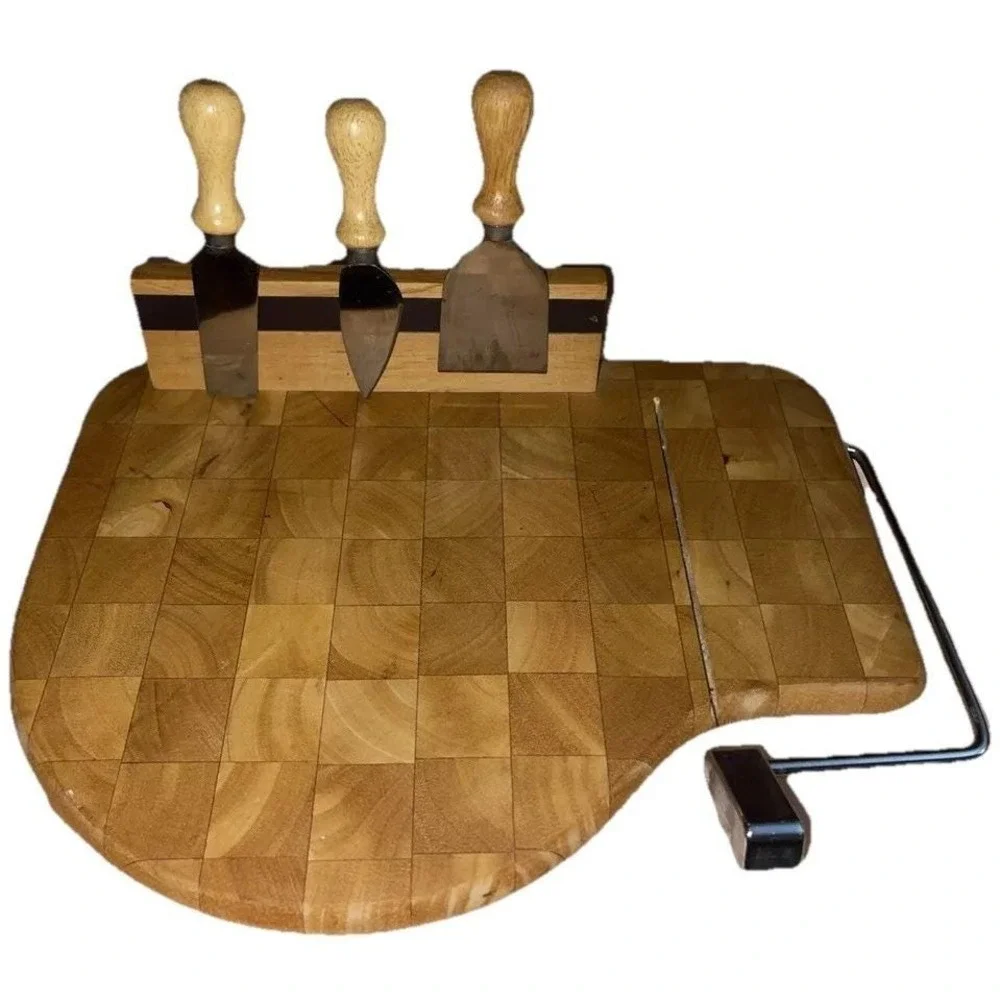 Vintage MCM Prodyne Magnetic Wood Cheese Board - Wire Cutter & 3 Knife Set